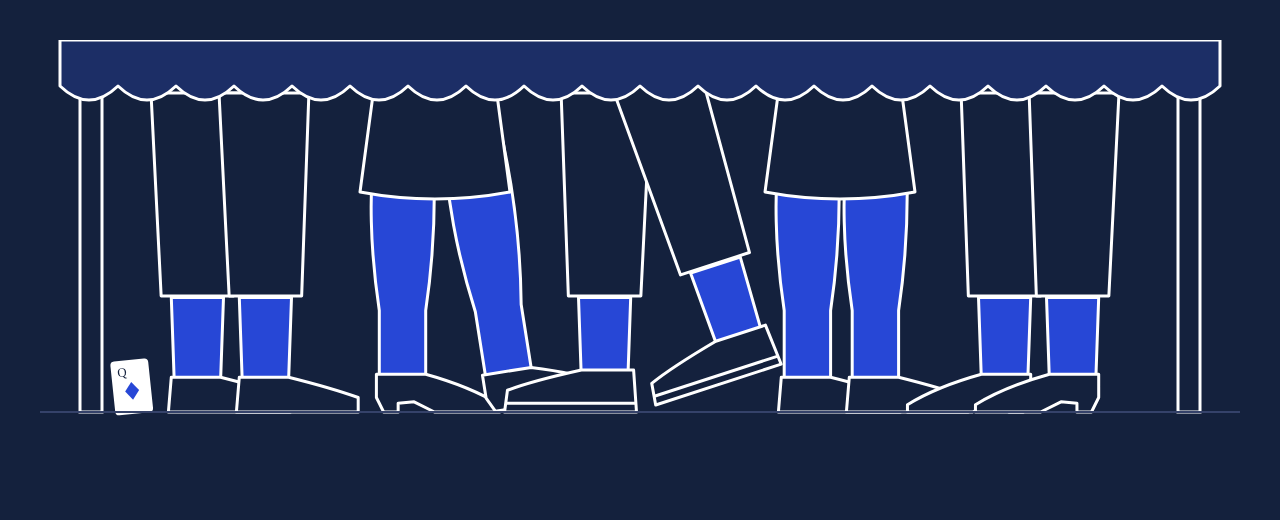 Line illustration of five pairs of legs and shoes under a scalloped tablecloth, with a Queen of Diamonds playing card resting on the floor